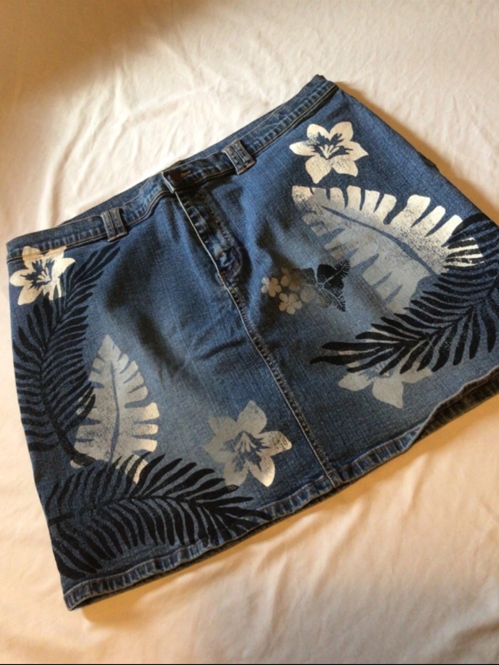 Venezia Blue Denim Mini Skirt with White & Black Tropical Print